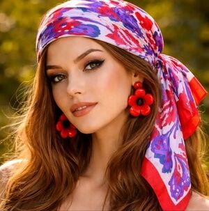 VINTAGE 1970S PSYCHEDEIC FLORAL MOD SCARF RED PURPLE POLYESTER HEAD WRAP